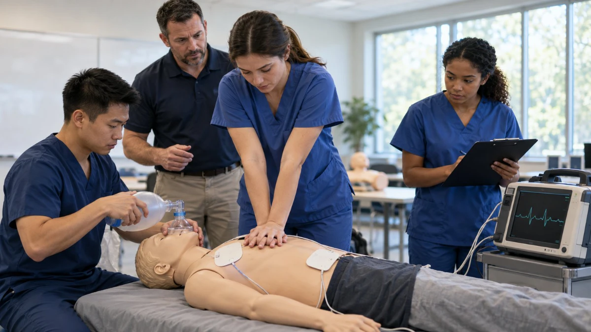 ACLS students practice a team resuscitation drill on a training manikin while an instructor coaches