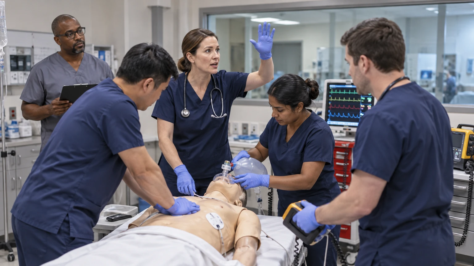 Healthcare team running a megacode resuscitation scenario on a manikin during ACLS renewal skills training.
