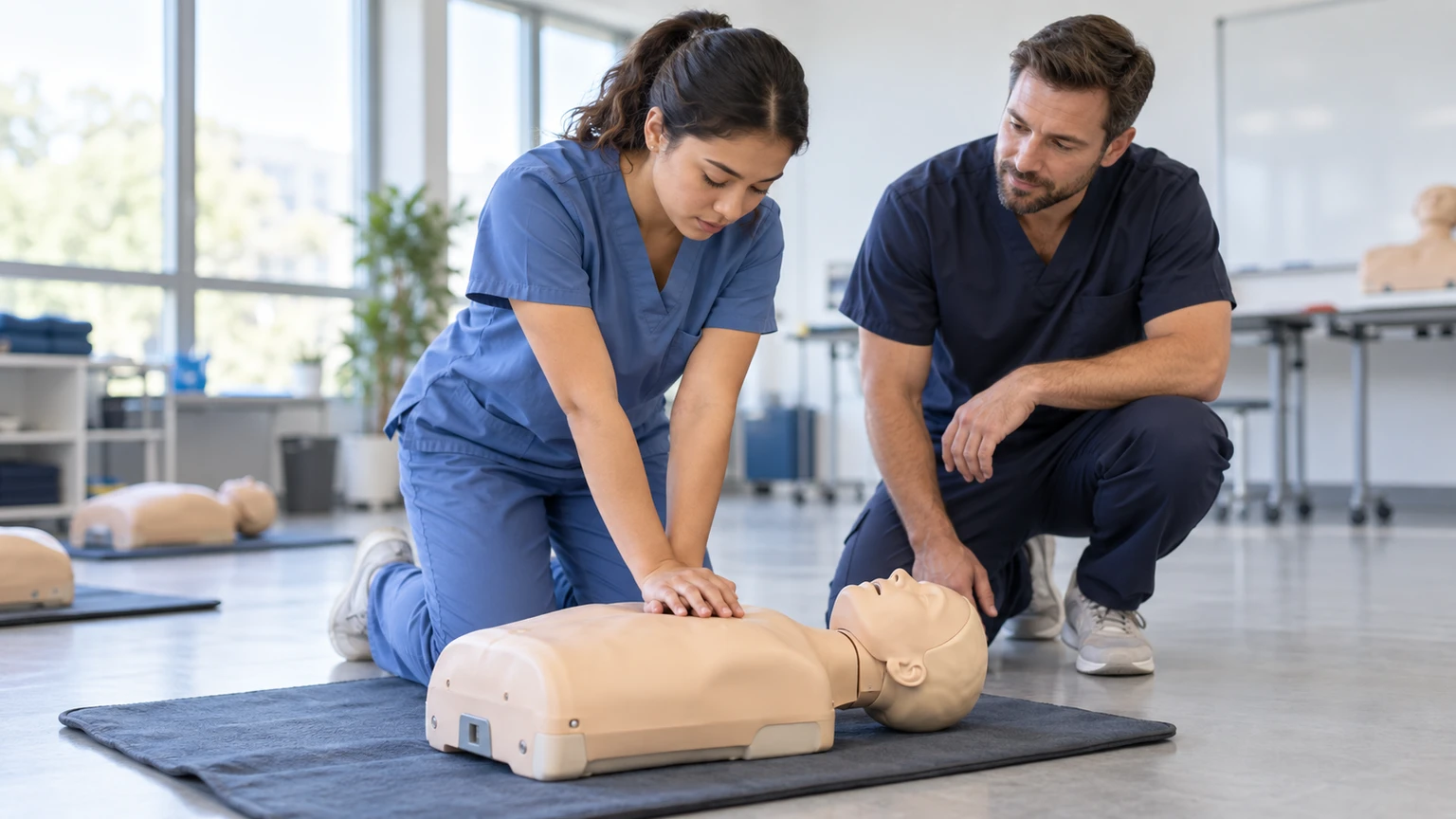 Healthcare provider practicing CPR on a training manikin during an ACLS renewal class.
